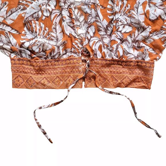 TIMING Blouse Womens XL Orange Wide Sleeve Lace Tie Front Tropical Print Boho - Picture 6 of 7